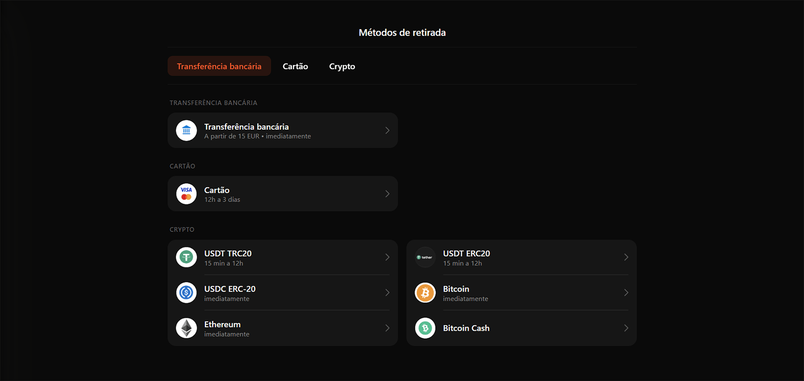 M&eacute;todos de retirada no Ginja Casino em Portugal 