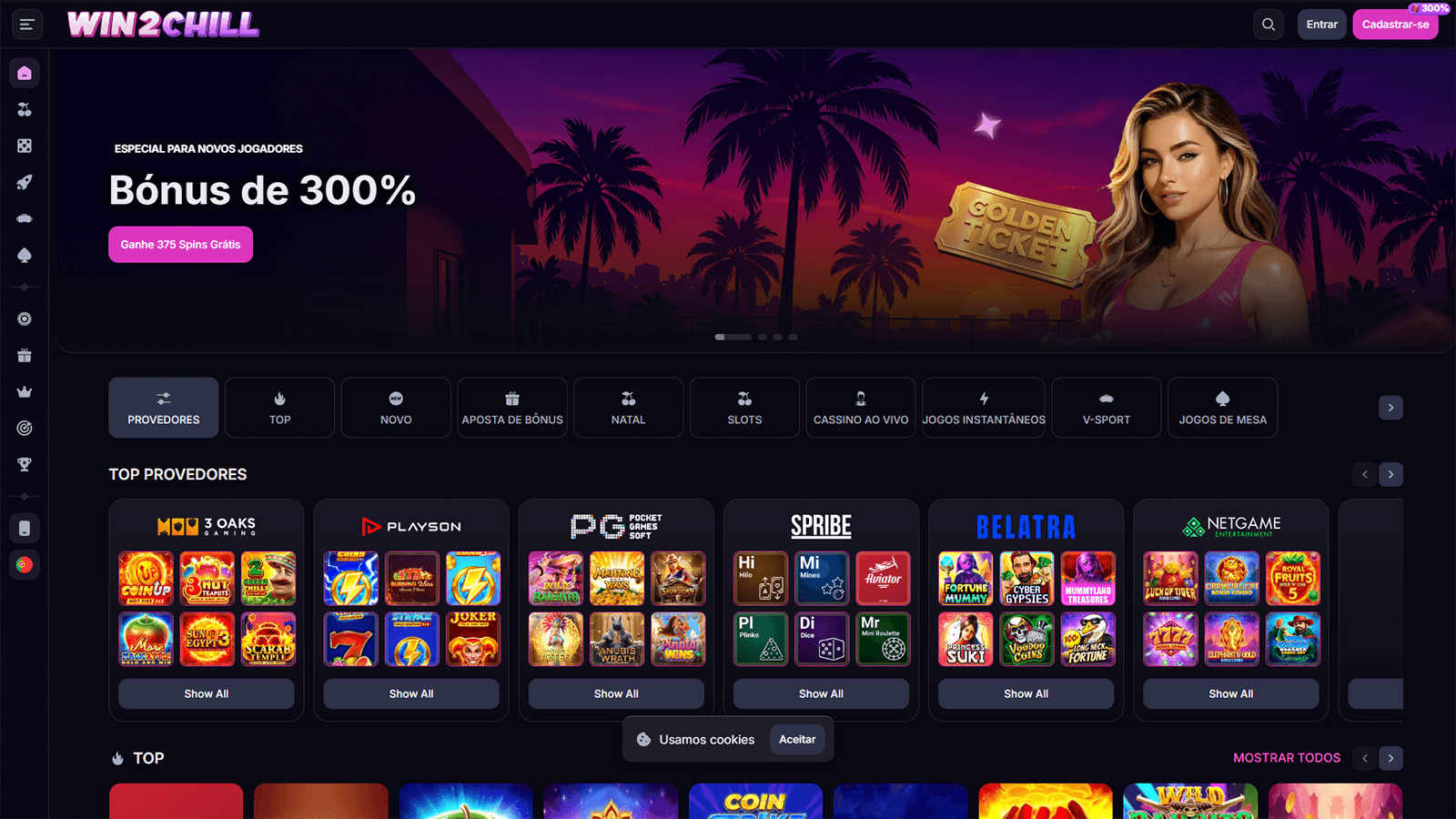 Pagina inicial do Casino Win2Chill em Portugal 