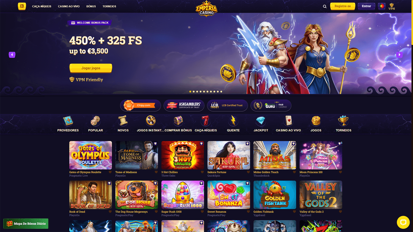 Página inicial do Emperia Casino em Portugal