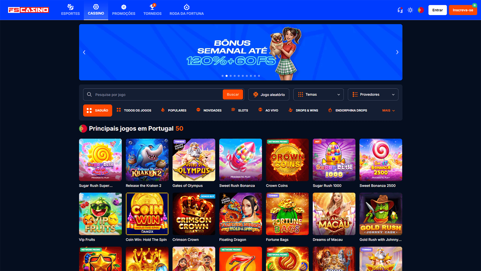 P&aacute;gina inicial do FS Casino em Portugal 