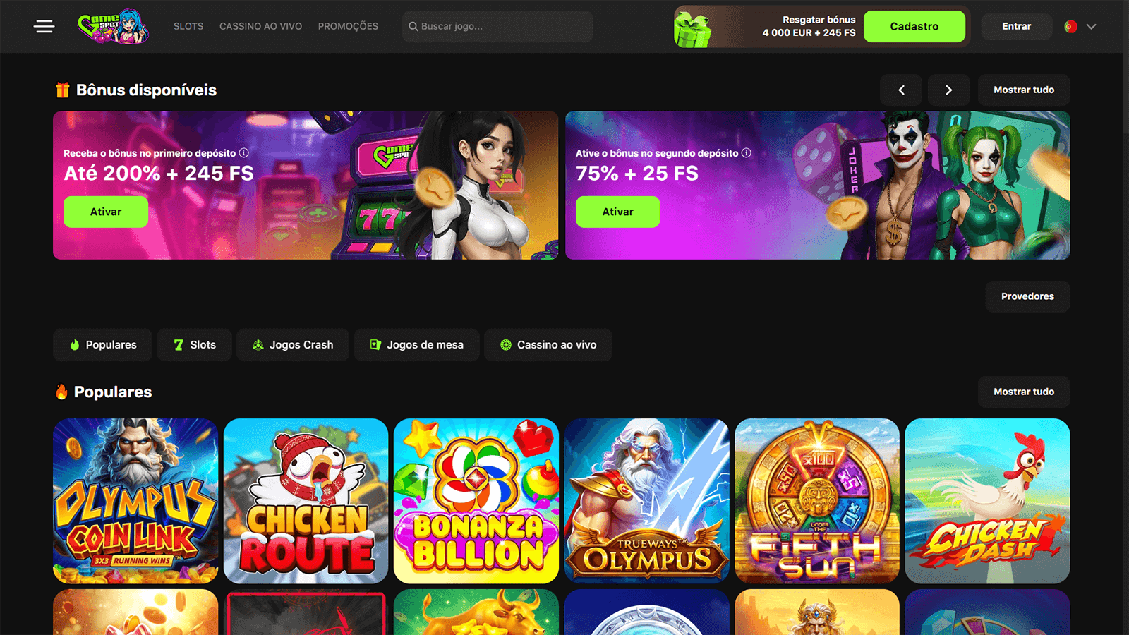 Pagina inicial do GameSpot Casino em Portugal