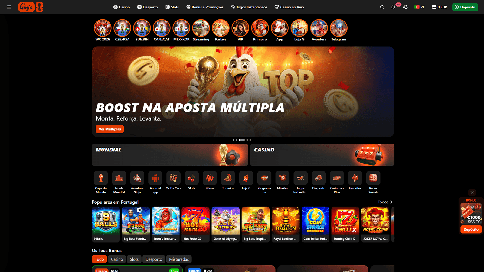 P&aacute;gina inicial do Ginja Casino em Portugal 