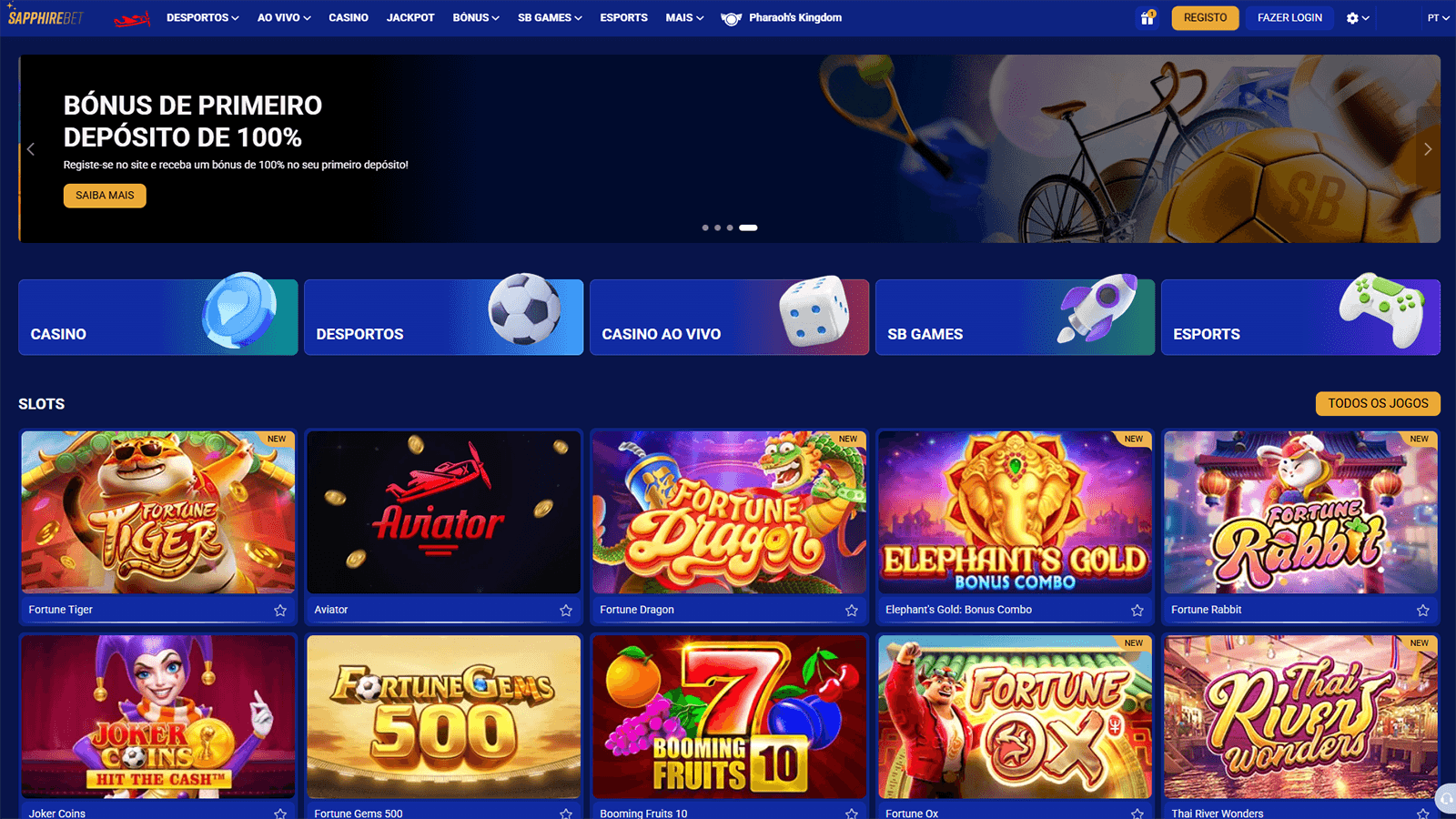 P&aacute;gina inicial do SapphireBet Casino em Portugal 